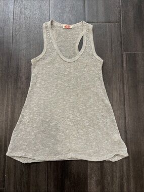 Grey Sleeveless Knit Tank Top with Embellished Shoulders